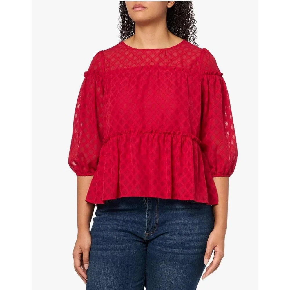 Tommy Hilfiger Women Red Diamond Textured Peplum Blouse‎ Top Size L